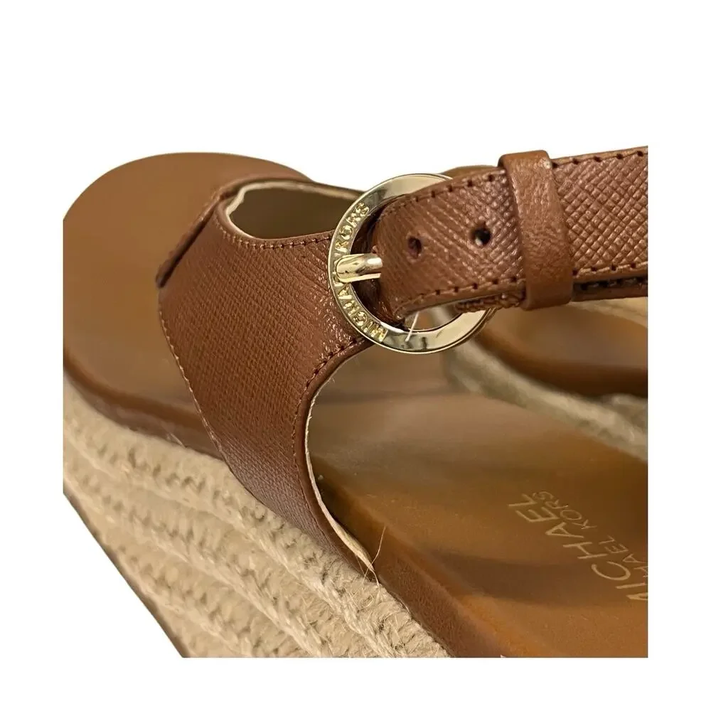New Michael Kors Sandals Womens 7.5 Brown Leather T Strap Wedge Espadrille Beach